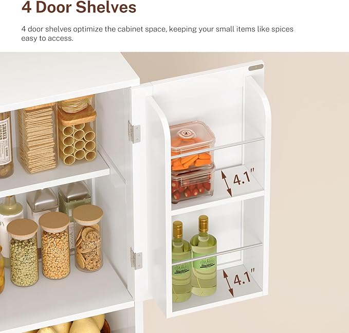 TEENFON Kitchen Pantry Cabinet with Adjustable Shelf, Tall Storage Cabinet with 2 Drawers & 4 Door Shelves, Food Pantry Cabinets, for Kitchen, Dining Room, Living Room, White