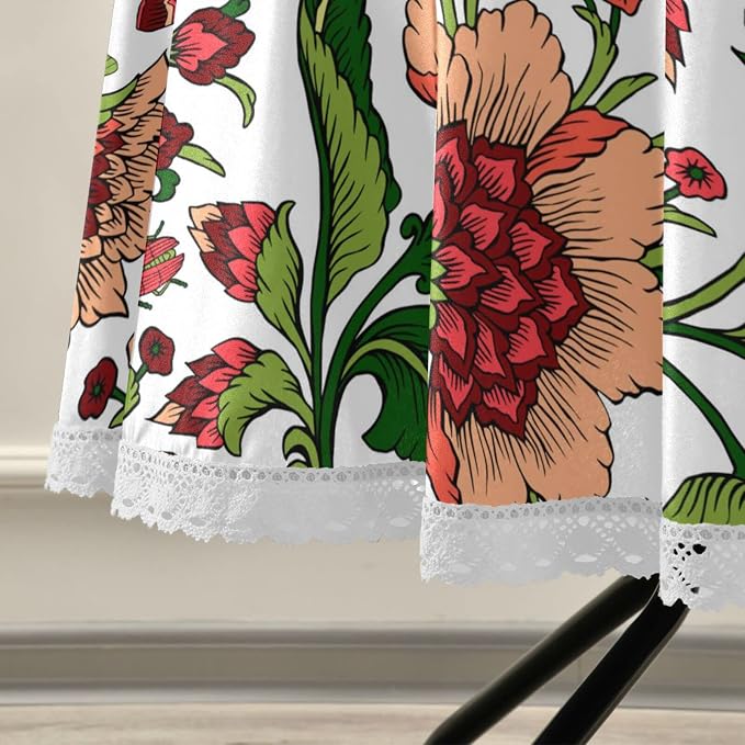 Vintage Red Floral Round Tablecloth 60" Waterproof Spillproof Polyester Fabric Table Cover with Zipper Umbrella Hole for Outdoor Patio Garden Dining Party