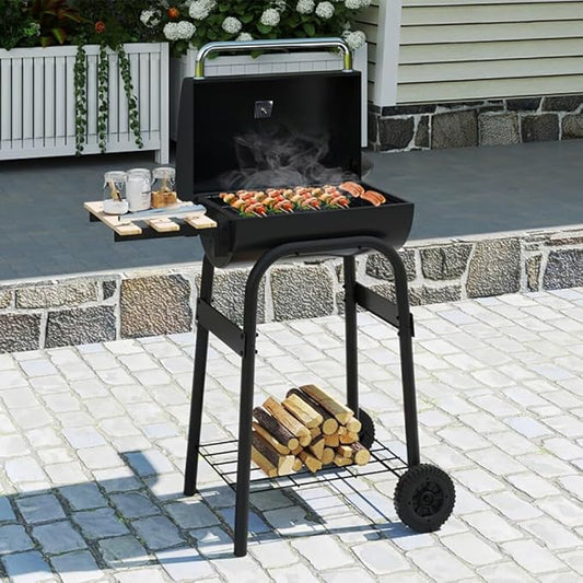 Gecheer Charcoal Grill, Barrel BBQ with Foldable Side Table, Thermostat, 24 Inch Portable Grill for Backyard, Patio, Camping and Tailgate Parties