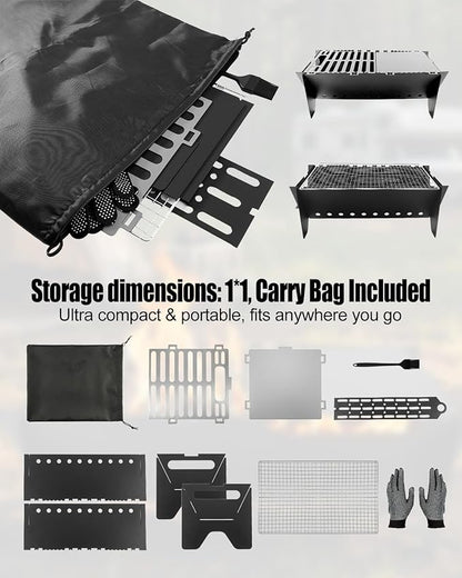 Camping Grill Portable Folding Charcoal Grills with Griddle Grill Grate and Wire Mesh, Compact Picnic BBQ Set for Outdoor Cooking Backyard Tailgating, Easy Setup Camp Gear