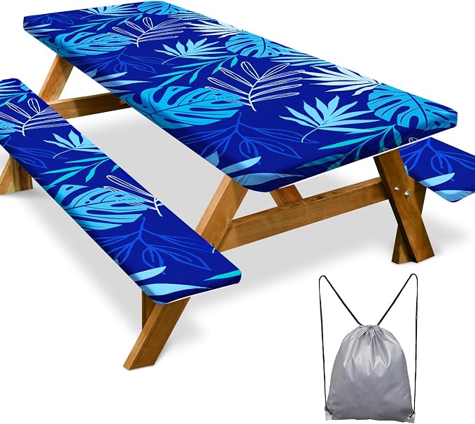 Picnic Table Cover Bench Covers Camping Essentials Tablecloth | Waterproof Vinyl for Outdoor, Windproof Elastic Fitted Edges, RV BBQ Accessories Must Haves, Storage Bag Included