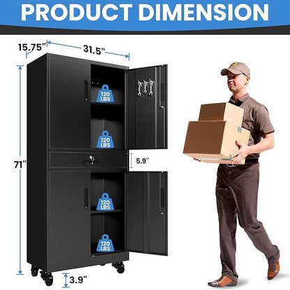Metal Garage Storage Cabinet with Drawer and Pegboard Doors, 71'' Tall Storage Cabinet with Adjustable Shelves and Lock, Rolling Tool Cabinet on Wheels for Garage, Utility Room (Black)