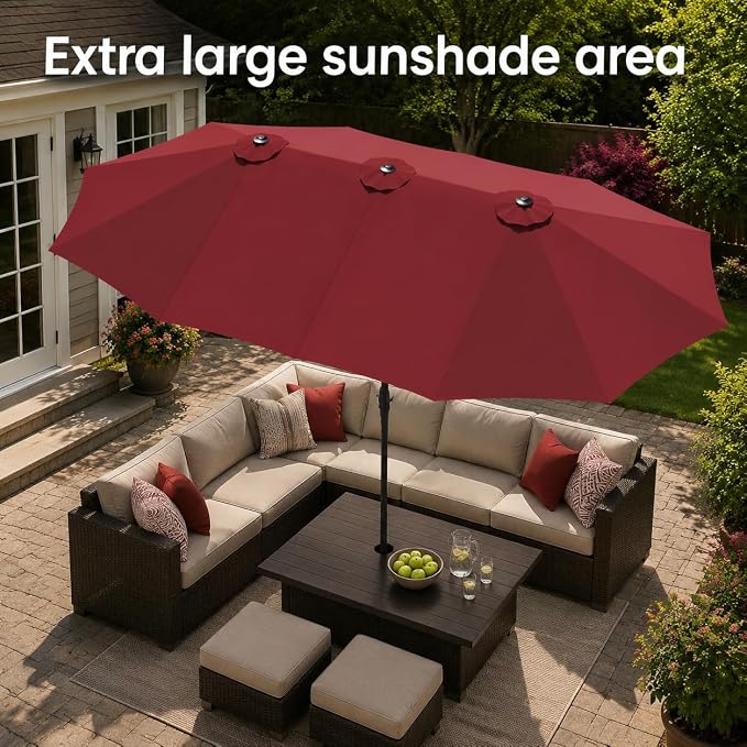 15ft Red Patio Umbrella with Base Included,Rectangle Double Extra Large Table Umbrella Outdoor Giant Umbrella for Porch Pool Lawn Deck,Market,Backyard Outside,Burgundy Red