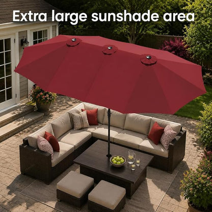 15ft Red Patio Umbrella with Base Included,Rectangle Double Extra Large Table Umbrella Outdoor Giant Umbrella for Porch Pool Lawn Deck,Market,Backyard Outside,Burgundy Red