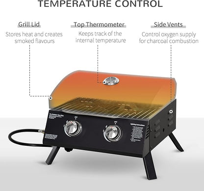 Outsunny 2 Burner Propane Gas Grill Outdoor Portable Tabletop BBQ with Foldable Legs, Lid, Thermometer for Camping, Picnic, Backyard, Black