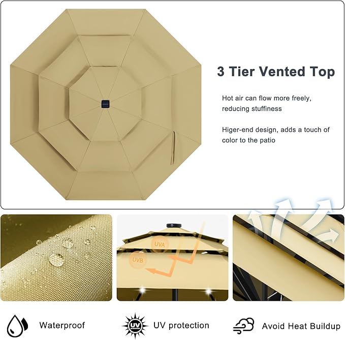 ABCCANOPY 3-Tiers 10FT Solar Patio Umbrella, Outdoor Umbrella with 32 LED Lights for for Deck, Pool, Garden, Backyard (Khaki)