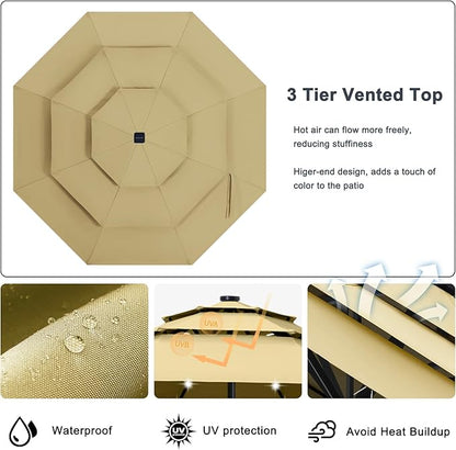 ABCCANOPY 3-Tiers 10FT Solar Patio Umbrella, Outdoor Umbrella with 32 LED Lights for for Deck, Pool, Garden, Backyard (Khaki)