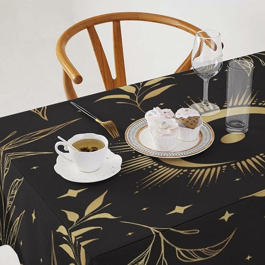 Sun Moon Tablecloth Vintage Boho Astrology Gold Celestial Star Galaxy Space Table Cloth Water Resistant Wipeable Table Cover for Picnic Party Holiday Kitchen Dinner Table 60"x110"