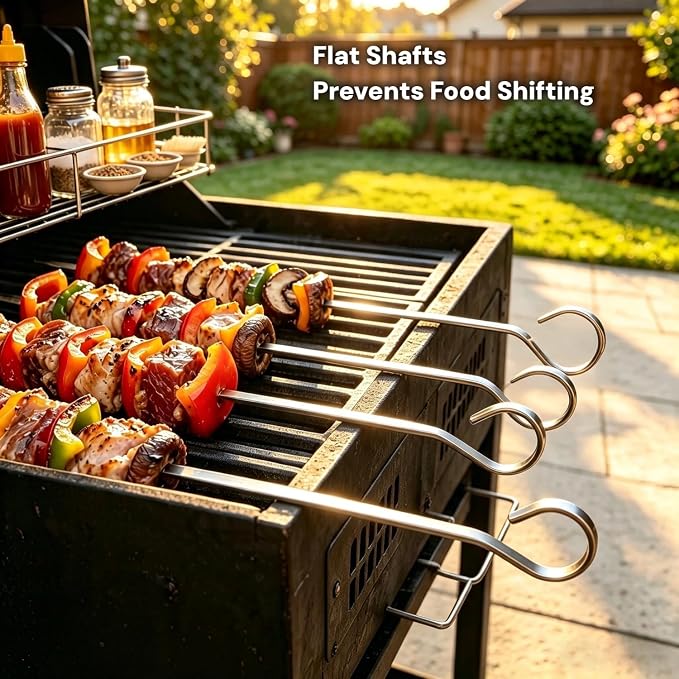 20 PCS 7" Flat Stainless Steel Skewers, BBQ Skewers for Kabobs Potato Nails | Reusable Metal Grill Skewers with Hook Handle & Sharp Tip, Baking Nails for Shish Steak Shrimp Air Fryer Oven