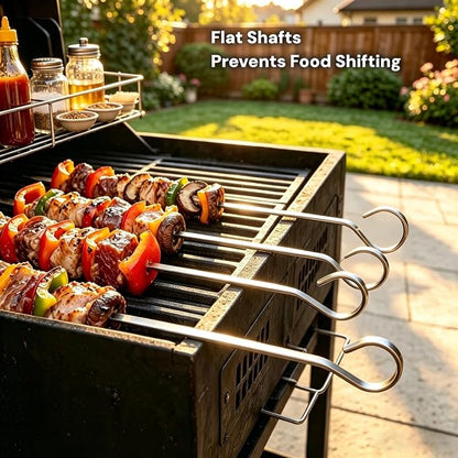 20 PCS 7" Flat Stainless Steel Skewers, BBQ Skewers for Kabobs Potato Nails | Reusable Metal Grill Skewers with Hook Handle & Sharp Tip, Baking Nails for Shish Steak Shrimp Air Fryer Oven