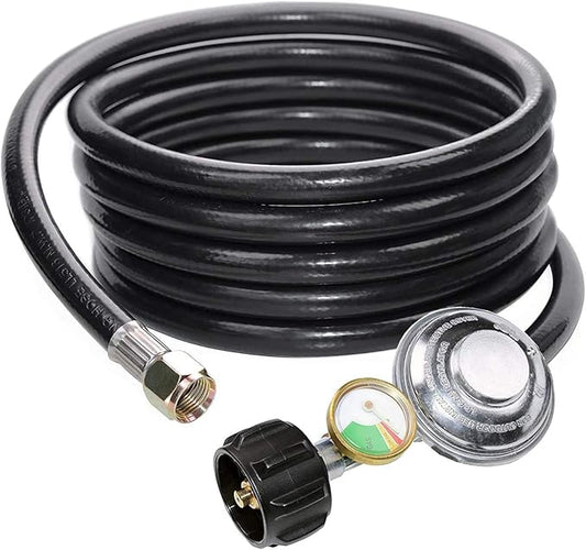 12 Feet Propane Regulator Hose with Propane Tank Gauge Universal Grill Regulator Replacement Parts, QCC1 Hose and Regulator for Most LP Gas Grill, Heater and Fire Pit Table,3/8" Female Flare Nut