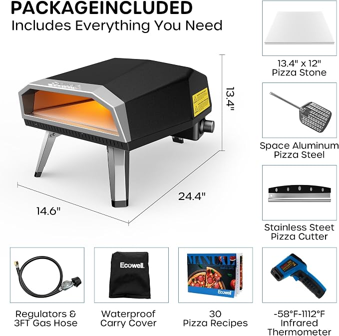 ECOWELL 12" Outdoor Gas Pizza Oven Propane, Cooks 12 Inch Pizzas in 80 Secs | Portable Pizza Oven with Gas Hose & Regulator, Pizza Stone, Peel, Cutter, Infrared Thermometer, Propane Grill Reaches 930°F