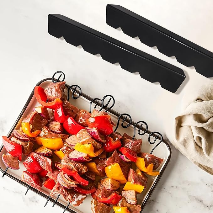 Kabob Skewers Rack Set of 2 - Stainless Steel BBQ Grill Rack with 6 Notch, Compatible with Wood/Bamboo/Round/Metal/Flat Skewers - Grilling Accessories (Pouch Included)