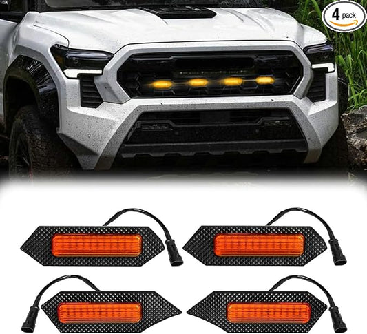 4Pcs Front Bumper Led Grille Lights Kit Smoked Lens Housing Amber for 2024 Toyota Tacoma TRD Series & Trailhunter Model Grilles (Yellow Shell)