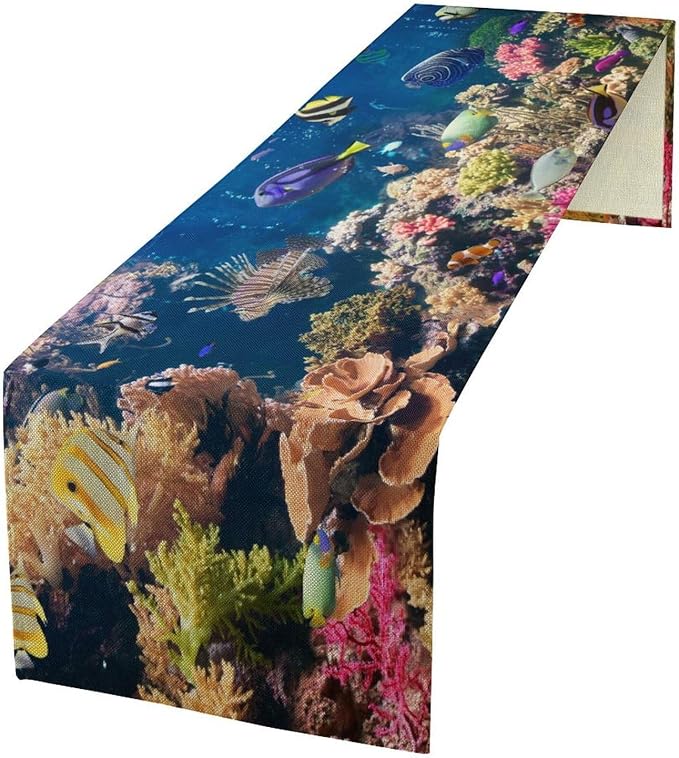 Blue Underwater World Table Runner, Summer Ocean Fish Under The Sea Tropical Turtle Shark Pattern Dinner Runner for Home Kitchen Dining Table Decor Fabric 1 Panel 13x60in