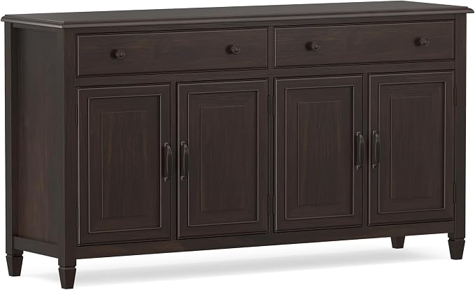 SIMPLIHOME Connaught 67" Sideboard Cabinet in Dark Chestnut Brown | Traditional 4-door dining room buffet with 2 drawers and adjustable shelves for organized kitchen or living room storage.