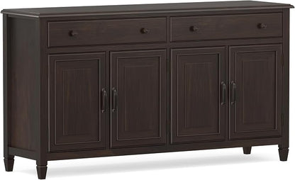 SIMPLIHOME Connaught 67" Sideboard Cabinet in Dark Chestnut Brown | Traditional 4-door dining room buffet with 2 drawers and adjustable shelves for organized kitchen or living room storage.