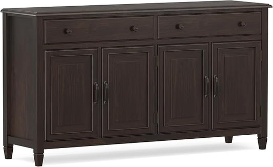 SIMPLIHOME Connaught 67" Sideboard Cabinet in Dark Chestnut Brown | Traditional 4-door dining room buffet with 2 drawers and adjustable shelves for organized kitchen or living room storage.