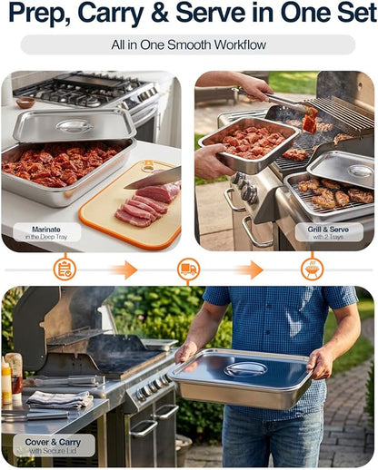 5 in 1 Grill Prep Tray and Carry System, Large Grilling Prep and Serve Tays with Lid and Cutting Board, Deep Meat Marinating Container as BBQ Grilling Gift, Home Series, L