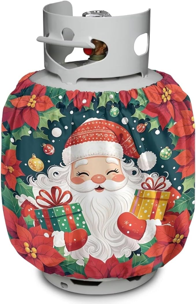 Poinsettia Propane Tank Cover 20lb Santa Claus Gas Tank Cylinder Cover with Elastic Edge RV Gas Cylinder Storage Pocket for Outdoor Camping Yard Party