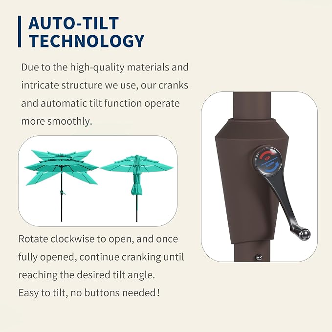 9FT 3 Tiers Patio Umbrella With Auto Tilt And Crank, Outdoor Table Market Umbrella with 8 Sturdy Ribs for Garden, Lawn, Deck, Backyard and Pool