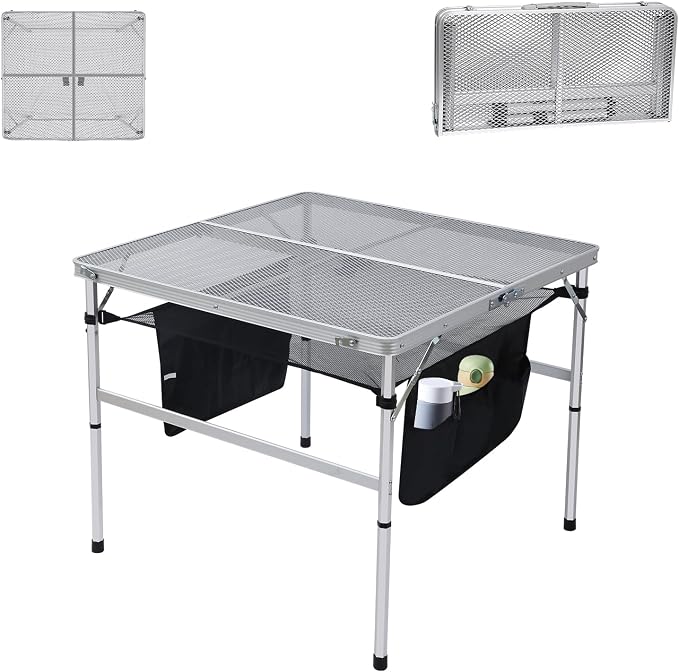 Nice C Square Folding Height Adjustable Aluminum Table (23.6", White) | Mesh Bag, Carry Handle, Grill Table, Camping Table, Outdoor Table, Card Game Table