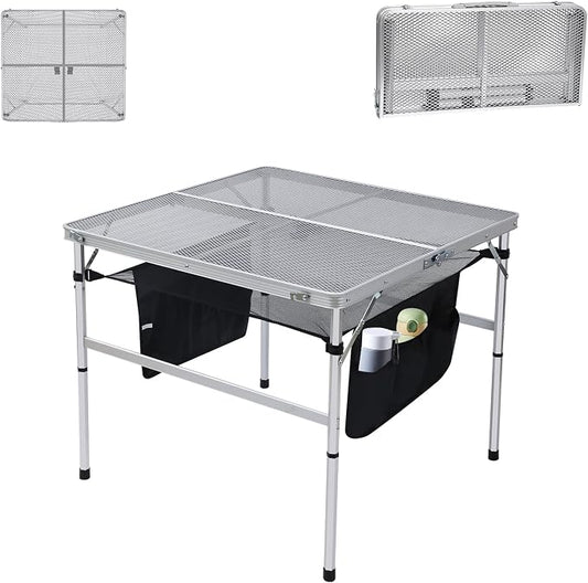 Nice C Square Folding Height Adjustable Aluminum Table (23.6", White) | Mesh Bag, Carry Handle, Grill Table, Camping Table, Outdoor Table, Card Game Table