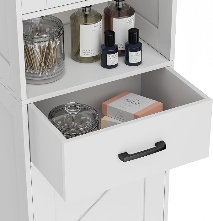 Homhedy 67" H Tall Bathroom Storage Cabinet with Barn Doors and Drawer | Narrow Storage Unit with Adjustable Shelves, Floor Cabinet for Bathroom, Living Room, Entryway or Kitchen, White, 15.7" W