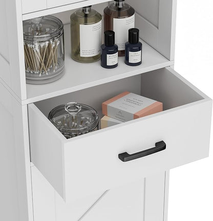 Homhedy 67" H Tall Bathroom Storage Cabinet with Barn Doors and Drawer | Narrow Storage Unit with Adjustable Shelves, Floor Cabinet for Bathroom, Living Room, Entryway or Kitchen, White, 15.7" W