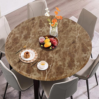 LUSHVIDA Round Waterproof Table Cover Elastic Vinyl Fitted Tablecloth Elastic Edged Plastic Table Cloth (Brown Marble, Best for Up to 36"-44" Round)