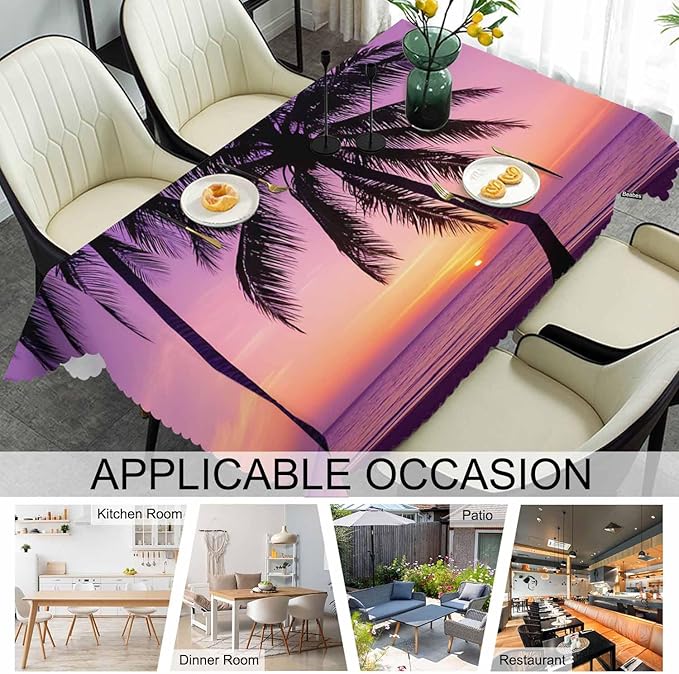 Decorative Rectangle Tablecloth 52"X70" Beach Sunset, Paradise Beach Palm Trees Sunset Wrinkle Free Table Cover Picnic Table Cloths for Parties Weddings Kitchen Tablecloth Purple