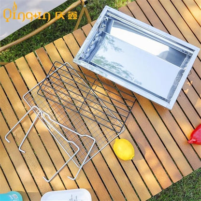 Portable Charcoal Grill for Camping BBQ Grills, Outdoor Barbecue Grill Stainless Steel Folding Barbecue Stove, Lightweight Camping Grill with Detachable Rack,40 * 27 * 17Cm-D