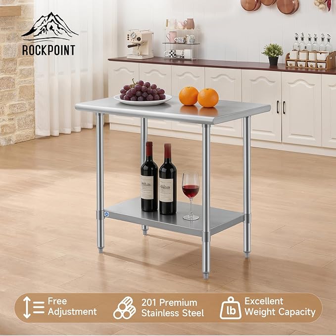 ROCKPOINT All Stainless Steel Table for Perp & Work 24x36 Inch,Commercial Heavy Duty Workbench with Stainless Legs & Adjustable Undershelf, 750 lb Capacity for Restaurant,Home and Outdoor Kitchens