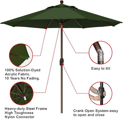 EliteShade USA 10-Year-Non-Fading 9Ft Market Patio Umbrella, UPF 50+ UV Protection Performance Sun Umbrella, Heavy Duty Commercial Grade Outdoor Table Umbrella with Crank & Tilt, Windproof Vented Top for Garden, Pool, Deck and Outdoor Playsets, Fern