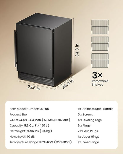 24 Inch Beverage Refrigerator, 180 Can Under Counter Fridge, Stainless Steel Outdoor Fridge for Patio & Outdoor Kitchen, Outdoor Refrigerator for Soda, Beer, Built-in & Freestanding(Black)