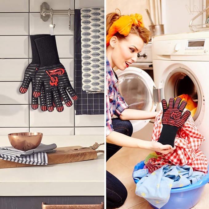 Grilling Gloves 1472℉ Extreme Heat Resistant, Grill BBQ Gloves for Men, Silicone Non-Slip Kitchen Oven Mitts, Hot Cooking Oven Gloves for Grilling, Frying, Baking, Welding, Fireplace, 14 Inch