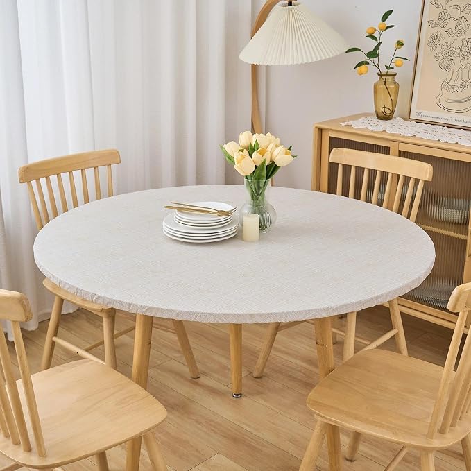 LIBERECOO Round Vinyl Fitted Tablecloth with Flannel Backing Elastic Edge Table Cover Waterproof Stain-Resistant Wipeable Tablecloths Fits 45-56 Inch Round Tables