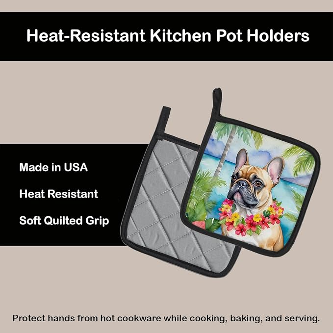 Caroline's Treasures French Bulldog Luau Pair of Pot Holders Kitchen Heat Resistant Pot Holders Sets Oven Hot Pads for Cooking Baking BBQ, 7 1/2 x 7 1/2