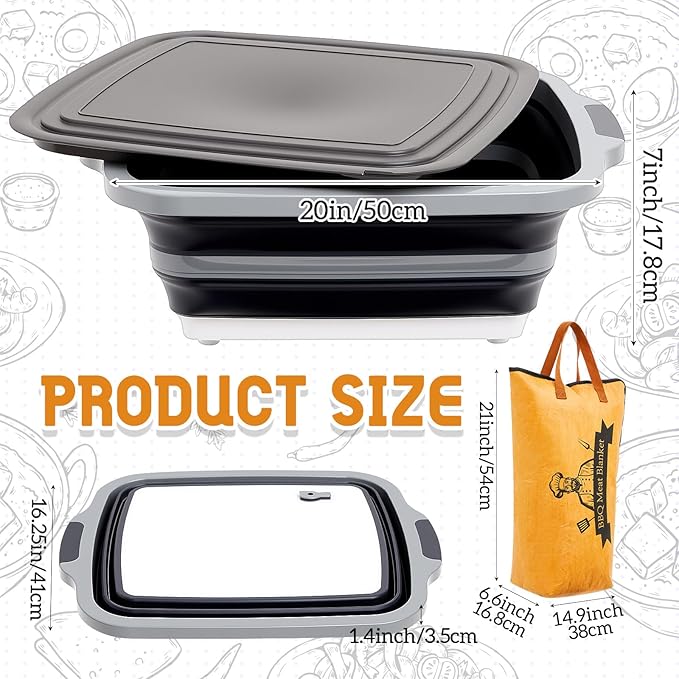 Funnymoom 2pcs Barbecue Prep Set Include Collapsible BBQ Prep Tub with Lid and Cutting Board(4.22 Gal/16l) BBQ Blanket for Resting Meat(21inch) Smoker Blanket Insulated(Black,Classic Style)