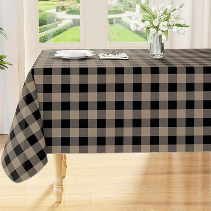 Smiry Picnic Table Cloth, Vinyl Tablecloths with Flannel Backing, 60"x84" | Waterproof Rectangle Table Cloth, Wipeable Buffalo Plaid Table Cover for Indoor and Outdoor (Black & Khaki)
