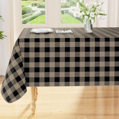 Smiry Picnic Table Cloth, Vinyl Tablecloths with Flannel Backing, 60"x102" | Waterproof Rectangle Table Cloth, Wipeable Buffalo Plaid Table Cover for Indoor and Outdoor (Black & Khaki)