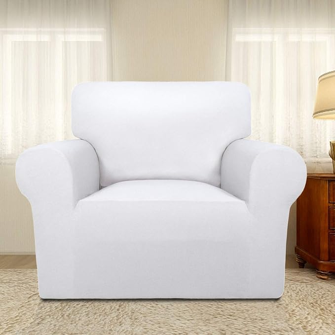 PureFit Super Stretch Chair Covers Fleece Couch Covers for Sofa White | 1-Piece Spandex Couch Cover Soft Couch Protector, Sofa Cover Washable with Non Skid Foam and Elastic Bottom for Kids, Dogs