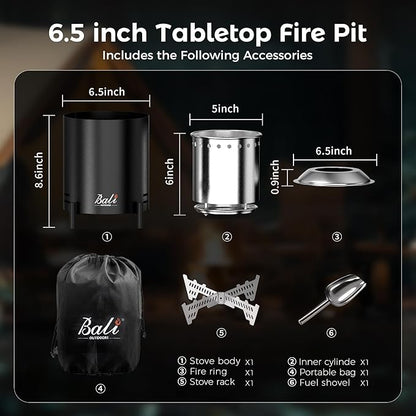 BALI OUTDOORS 6.5 inch Tabletop Fire Pit Round, Stainless Steel Table Top Firepit Small, Outdoor Smokeless Firepit Portable, Black