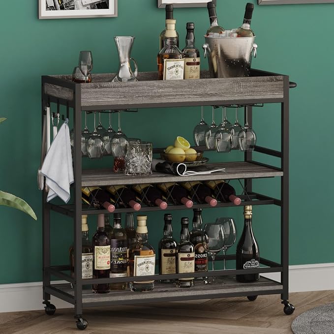 Bar Cart, Home Bar Serving Cart on Wheels, Mobile 3 Tier Liquor Beverage Carts with Wine Rack and Glass Holder (Grey Oak)