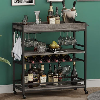 Bar Cart, Home Bar Serving Cart on Wheels, Mobile 3 Tier Liquor Beverage Carts with Wine Rack and Glass Holder (Grey Oak)