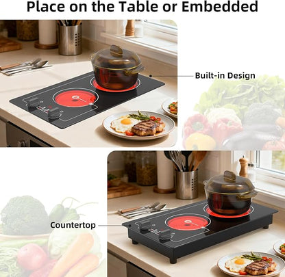 VBGK Electric cooktop, Built-in Design and CountertopStove Top with Knob Control&Touch Control,9 PowerLevel, Timer & Kid Safety Lock,110-120V 2100W 2burner Electric cooktop