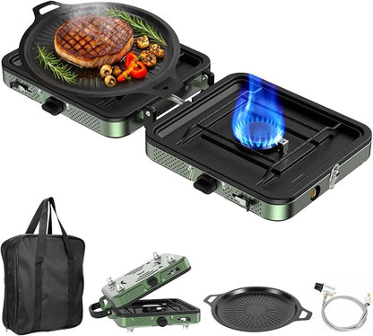 Portable Camping stove, 2 Burner Foldable Camping Stove with Griddle and Carrying Bag & Hose, 8600BTU Portable Propane Camp Stove with Ignition & 2 Adjustable Burners,for Camping Tailgating BBQ Grill