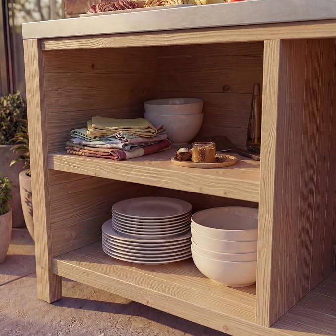 MOUMON Patio Grill Prep Table with Propane Tank Storage, Solid Cedar Patio Cabinet with Stainless Steel Top, Outdoor Cooking Station, Propane not Included, Oak 51.2”W x 23.6”D x 27.6”H