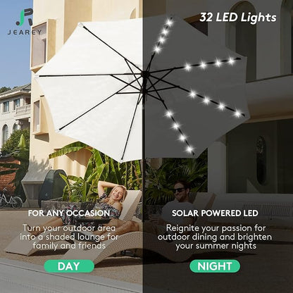 JEAREY 9FT Outdoor Patio Umbrella with Solar Lights, LED Lighted Pool Umbrella with Tilt and Crank, Outdoor Table Umbrellas for Deck, Yard & Market (Off White)