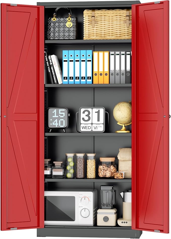 INTERGRAET 63" H Pantry Cabinet, Kitchen Pantry Storage Cabinets with 2 Doors and 4 Shelves, Metal Storage Cabinet,Cupboard for Home,Kitchen,Living Room/Dining, Black Red